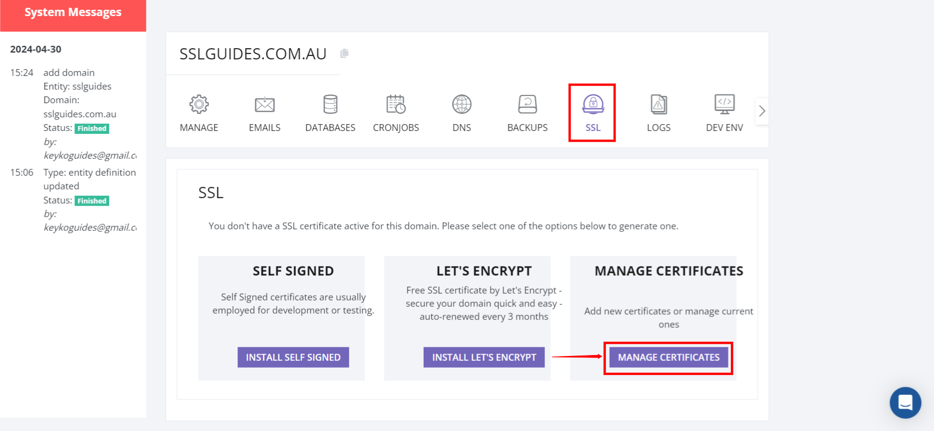 ClusterCS Manage SSL