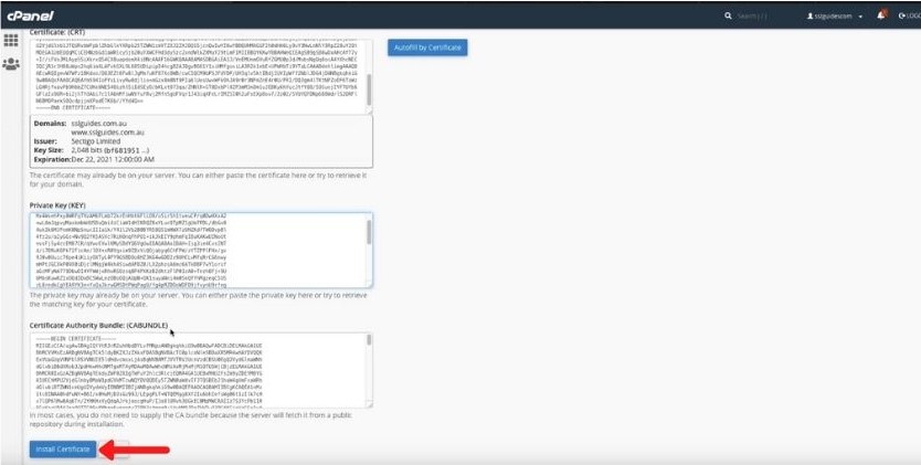 install certificate on cpanel