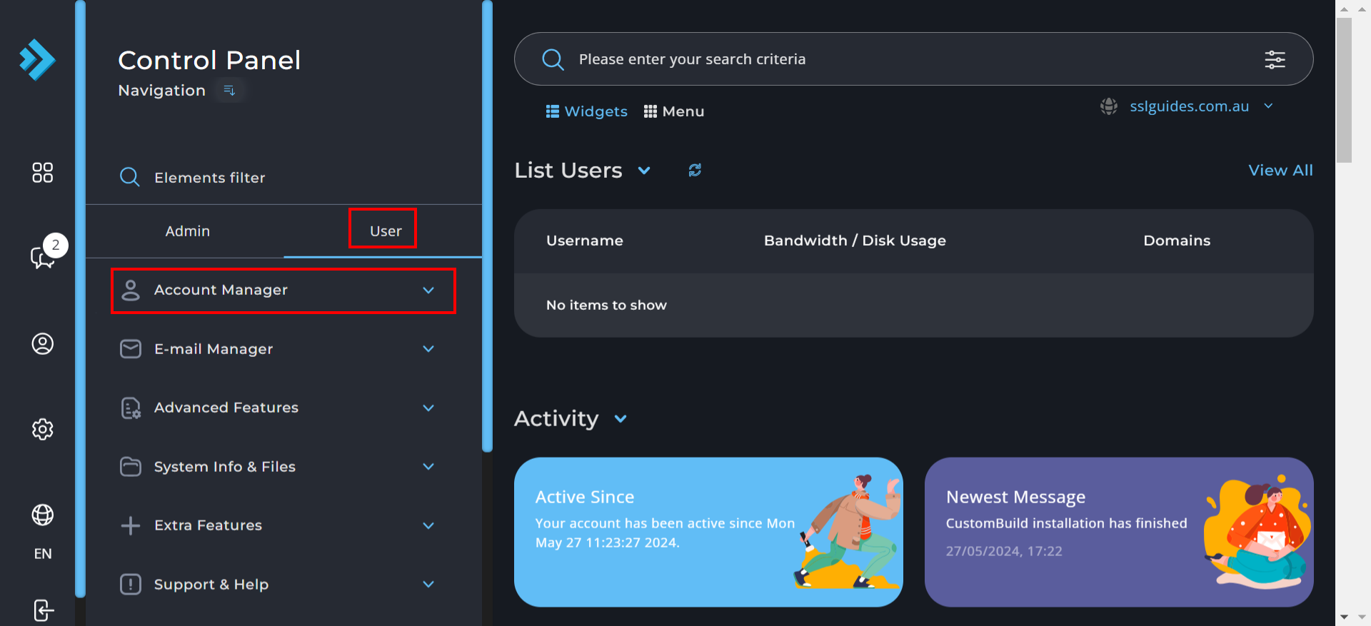 DirectAdmin main dashboard