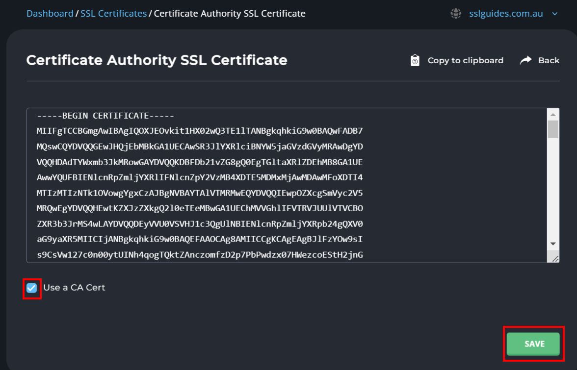 DirectAdmin Paste CA Cert