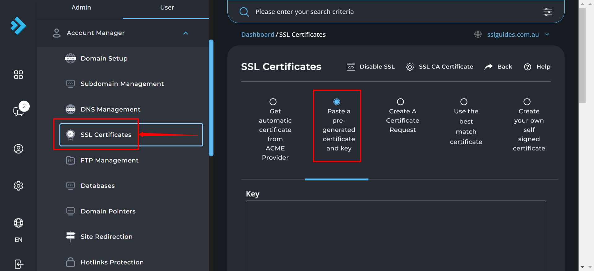 DirectAdmin Pre Generated SSL Select