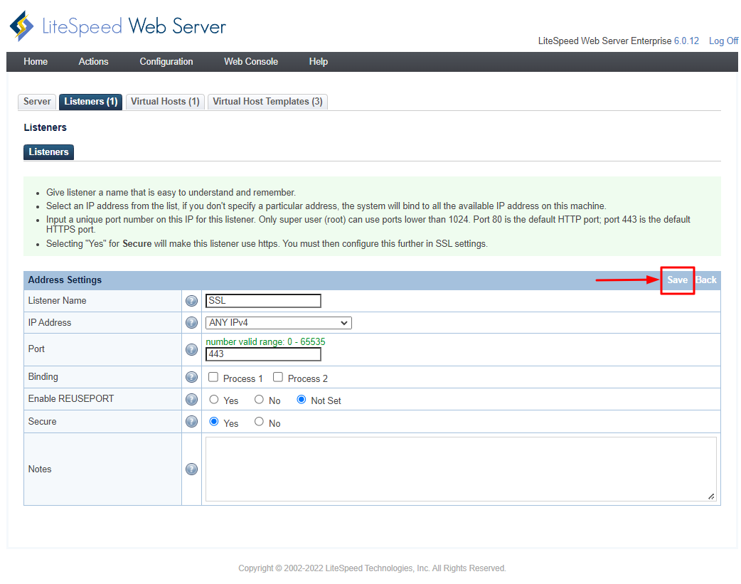 LiteSpeed Listener Config