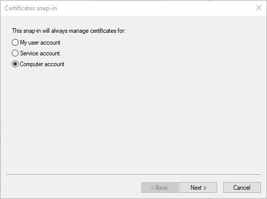 Certificate Snap In dialog