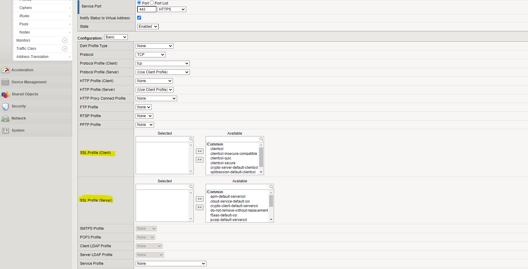 f5 virtual machine selecting SSL