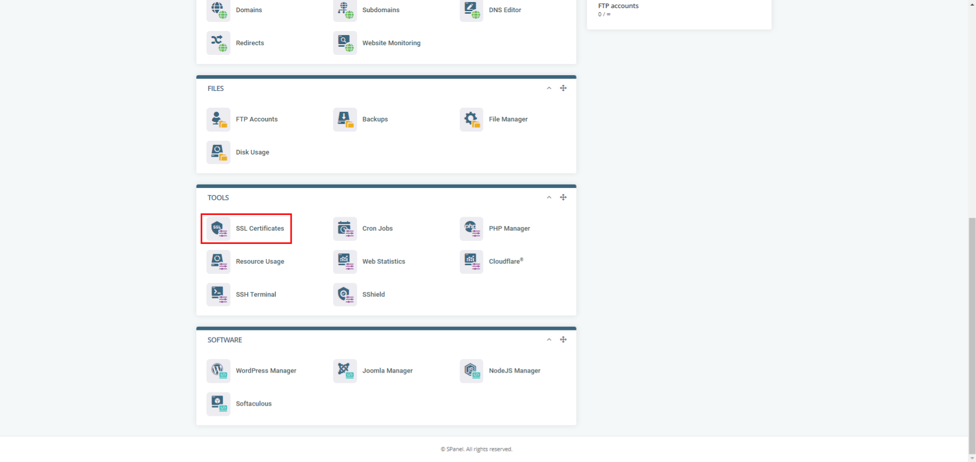 sPanel Dashboard SSL Certificate Menu