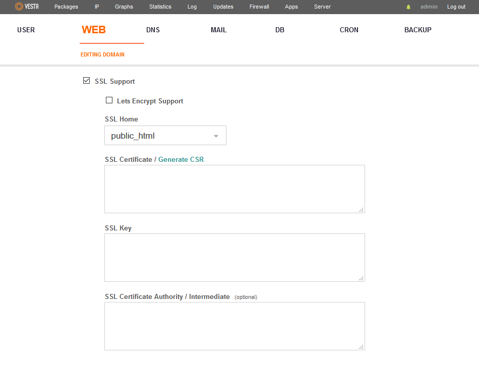 VestaCP SSL Configuration Window