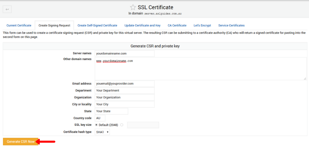 virtualmin webmin generate csr