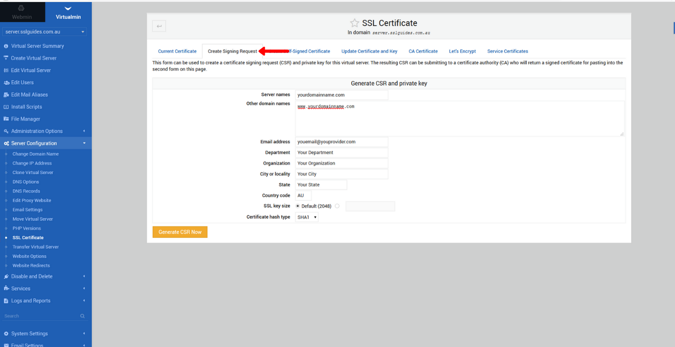 webmin virtualmin create csr
